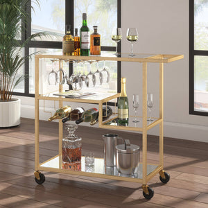 Aleena Mirrored Bar Cart with Wine Rack Glass Shelves and Rolling Stemware Storage