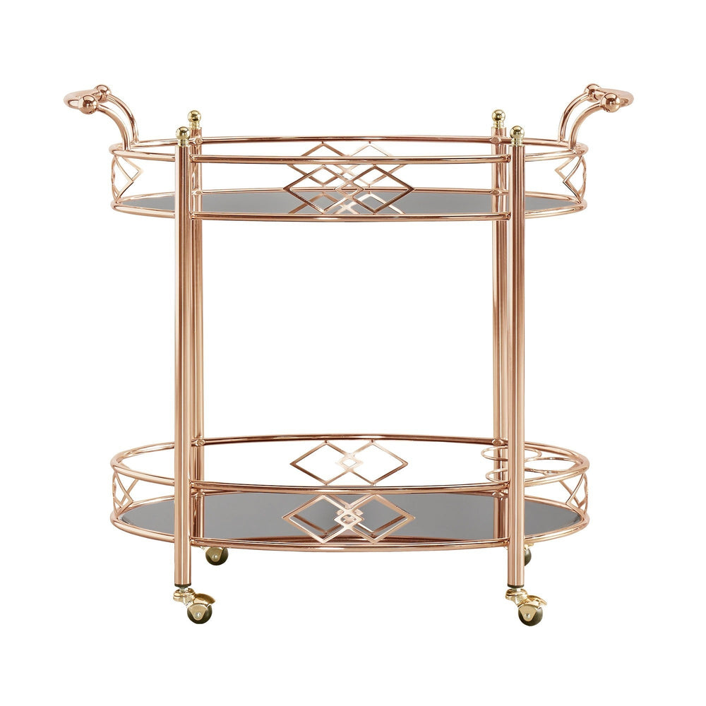 Homelegance Glam Two Tier Rose Gold Bar Cart with Mirrored Glass and Bottle Storage E619GD-07BK