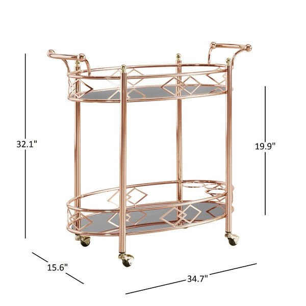 Glam Two Tier Rose Gold Bar Cart with Mirrored Glass and Bottle Storage