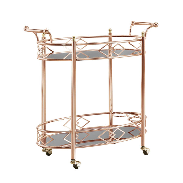 Glam Two Tier Rose Gold Bar Cart with Mirrored Glass and Bottle Storage