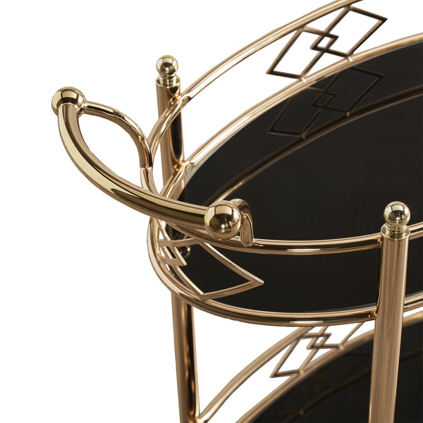 Glam Two Tier Rose Gold Bar Cart with Mirrored Glass and Bottle Storage