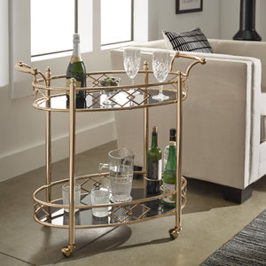 Glam Two Tier Rose Gold Bar Cart with Mirrored Glass and Bottle Storage