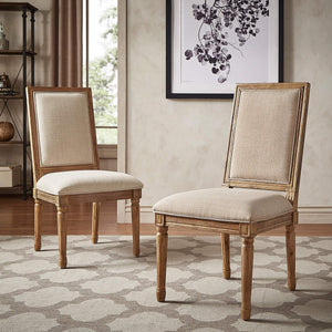 Amadell Linen Upholstered Dining Chairs Set of 2 with Carved Rubberwood Legs