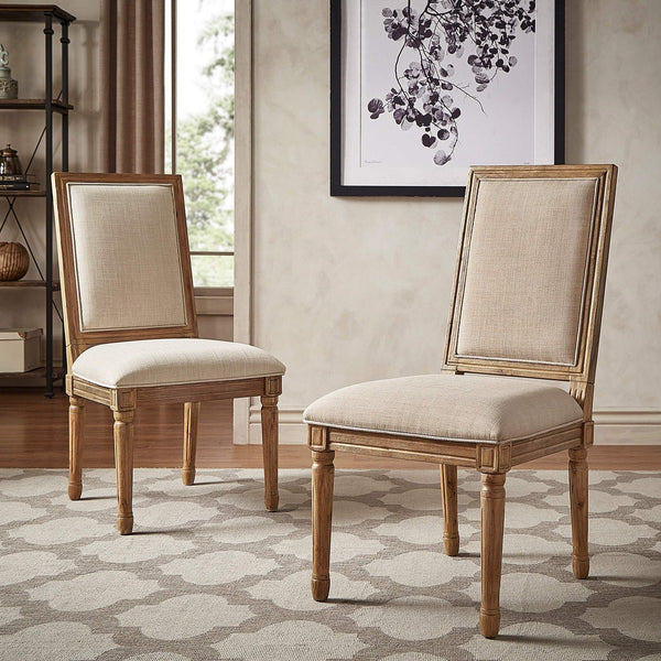 Amadell Linen Upholstered Dining Chairs Set of 2 with Carved Rubberwood Legs