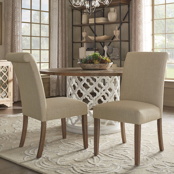 Barelli Linen Upholstered Roll Back Dining Chair with Distressed Wood Legs