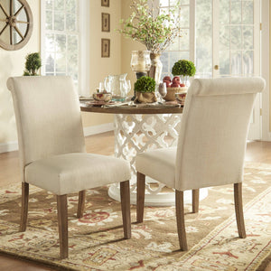 Barelli Linen Upholstered Roll Back Dining Chair with Distressed Wood Legs