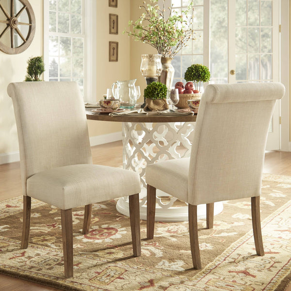 Barelli Linen Upholstered Roll Back Dining Chair with Distressed Wood Legs