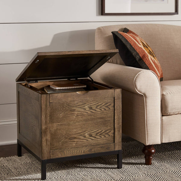 Wynn Trunk Style Oak End Table with Hidden Storage and Serving Tray