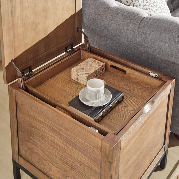 Wynn Trunk Style Oak End Table with Hidden Storage and Serving Tray