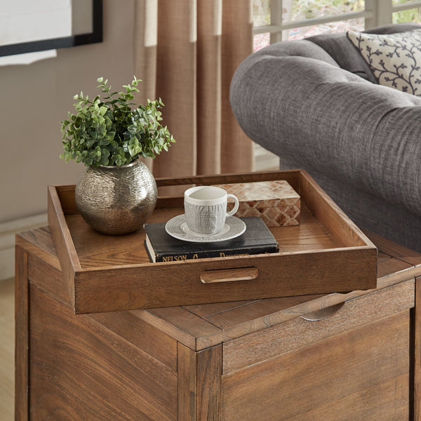 Wynn Trunk Style Oak End Table with Hidden Storage and Serving Tray