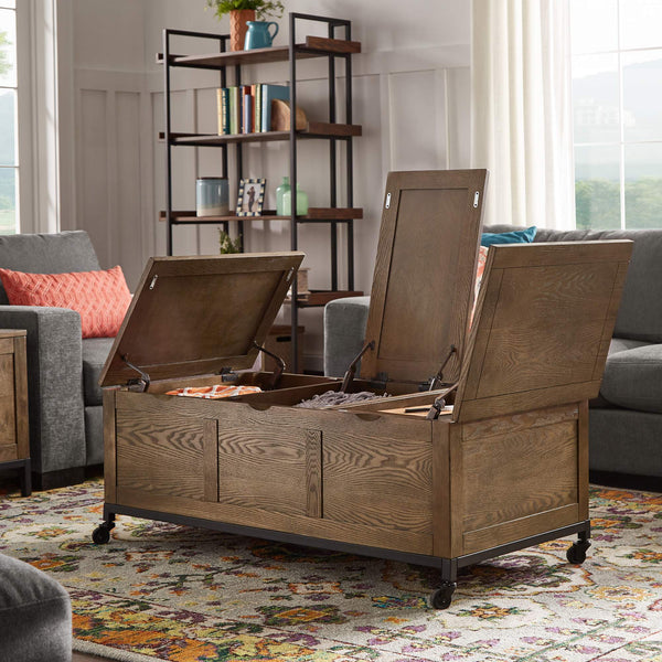 Wynn Oak Tone Rectangular Trunk Coffee Table with Storage and Casters