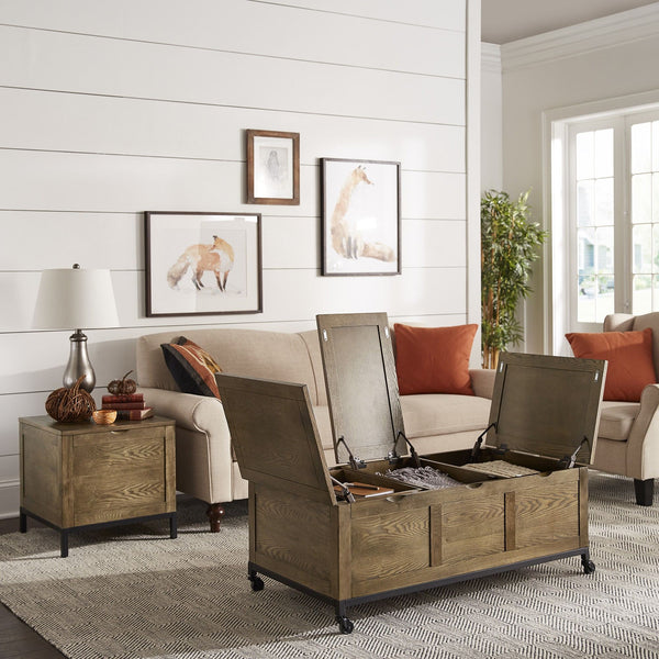 Wynn Oak Tone Rectangular Trunk Coffee Table with Storage and Casters