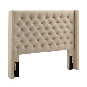 Wingback Button Tufted Upholstered Headboard Elegant Linen Look Bedroom Accent