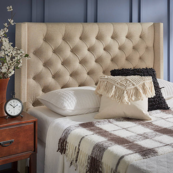 Wingback Button Tufted Upholstered Headboard Elegant Linen Look Bedroom Accent