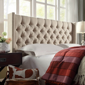 Wingback Button Tufted Upholstered Headboard Elegant Linen Look Bedroom Accent