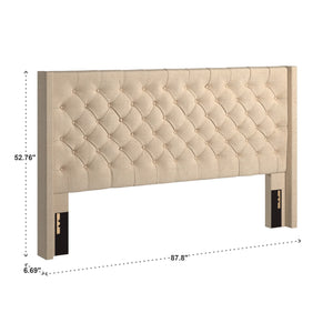 Wingback Button Tufted Upholstered Headboard Elegant Linen Look Bedroom Accent