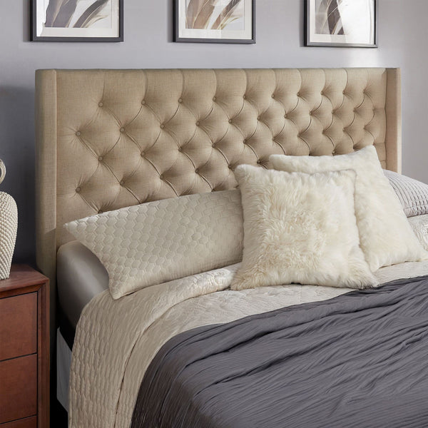 Wingback Button Tufted Upholstered Headboard Elegant Linen Look Bedroom Accent