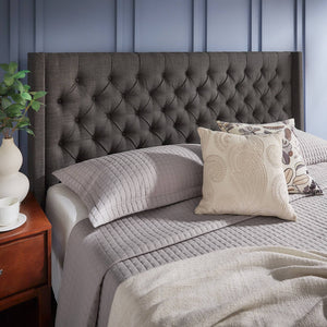 Wingback Button Tufted Upholstered Headboard Elegant Linen Look Bedroom Accent