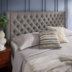 Wingback Button Tufted Upholstered Headboard Elegant Linen Look Bedroom Accent