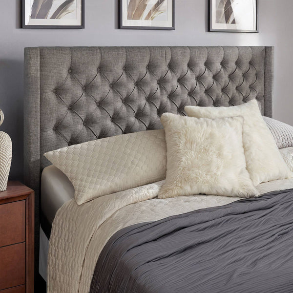 Wingback Button Tufted Upholstered Headboard Elegant Linen Look Bedroom Accent