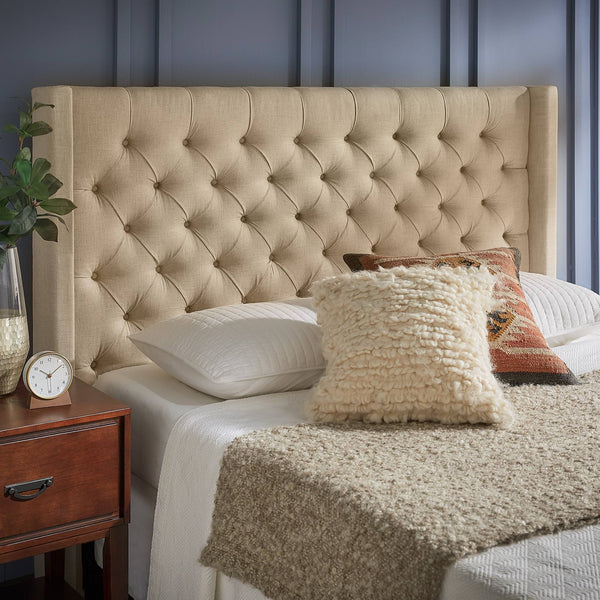 Wingback Button Tufted Upholstered Headboard Elegant Linen Look Bedroom Accent