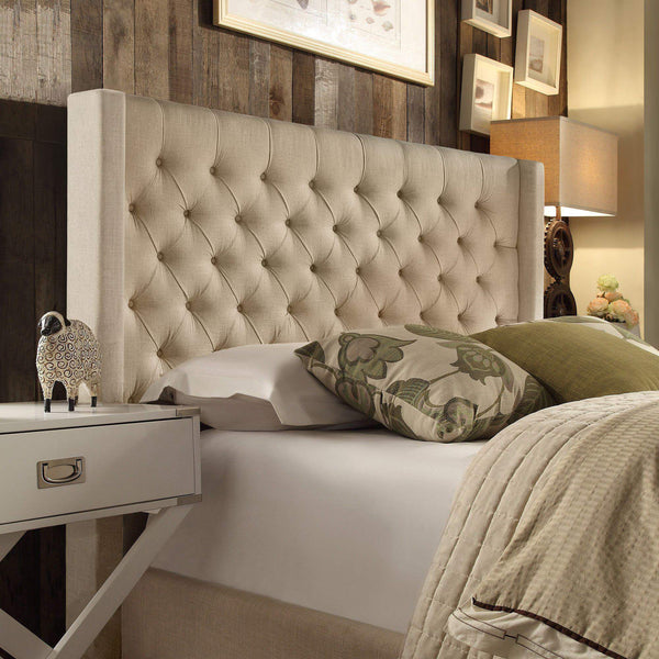 Wingback Button Tufted Upholstered Headboard Elegant Linen Look Bedroom Accent