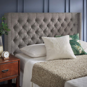 Wingback Button Tufted Upholstered Headboard Elegant Linen Look Bedroom Accent