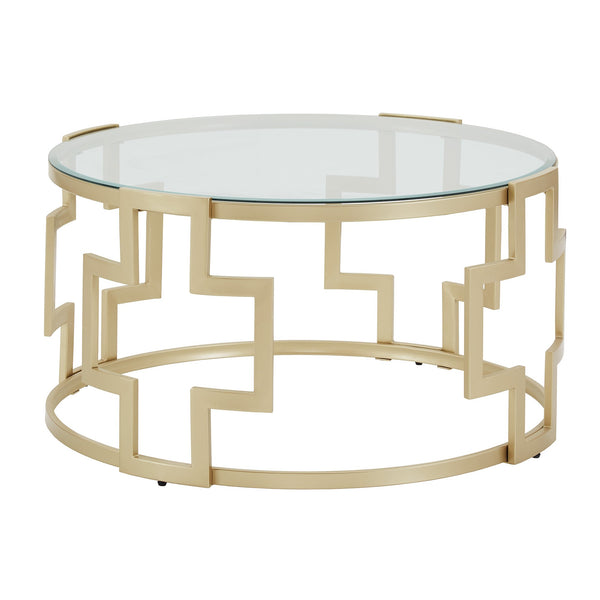 Homelegance Cava Round Glass Top Coffee Table Gold Geometric Iron Frame Living Room E791GD-30