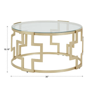 Cava Round Glass Top Coffee Table Gold Geometric Iron Frame Living Room