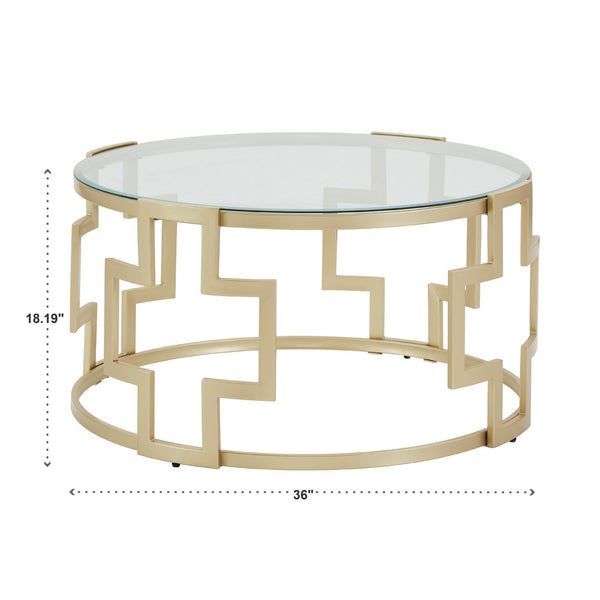 Cava Round Glass Top Coffee Table Gold Geometric Iron Frame Living Room