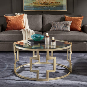 Cava Round Glass Top Coffee Table Gold Geometric Iron Frame Living Room
