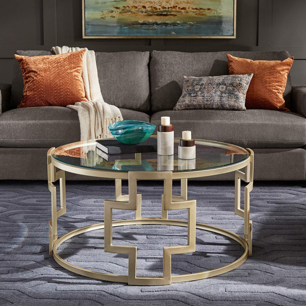 Cava Round Glass Top Coffee Table Gold Geometric Iron Frame Living Room
