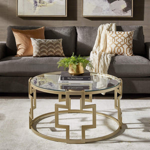 Cava Round Glass Top Coffee Table Gold Geometric Iron Frame Living Room