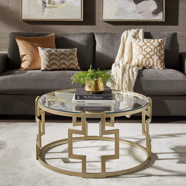 Cava Round Glass Top Coffee Table Gold Geometric Iron Frame Living Room