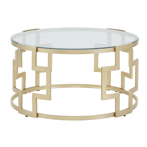Cava Round Glass Top Coffee Table Gold Geometric Iron Frame Living Room