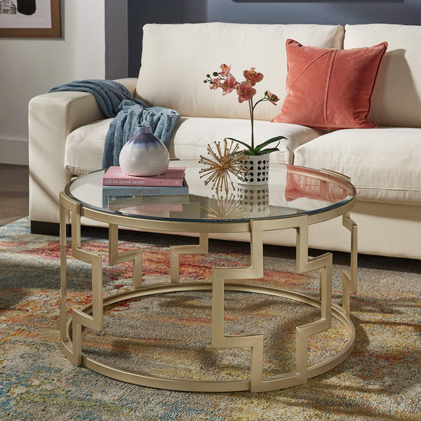 Cava Round Glass Top Coffee Table Gold Geometric Iron Frame Living Room