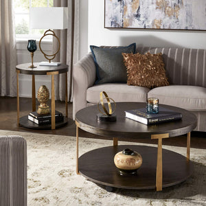 Round Birch Veneer End Table with Iron Legs and Lower Shelf Storage