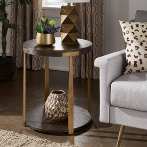 Round Birch Veneer End Table with Iron Legs and Lower Shelf Storage