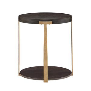 Round Birch Veneer End Table with Iron Legs and Lower Shelf Storage