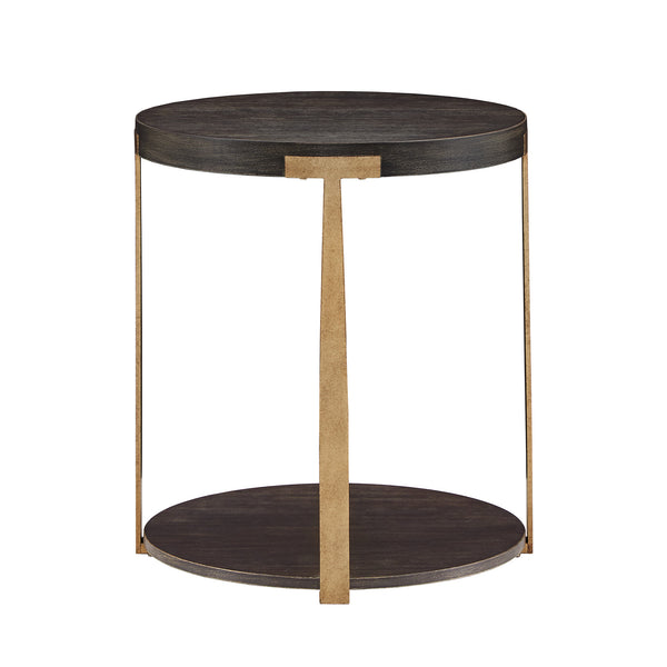 Round Birch Veneer End Table with Iron Legs and Lower Shelf Storage