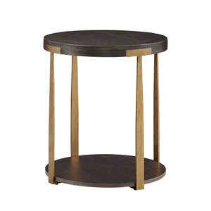 Round Birch Veneer End Table with Iron Legs and Lower Shelf Storage