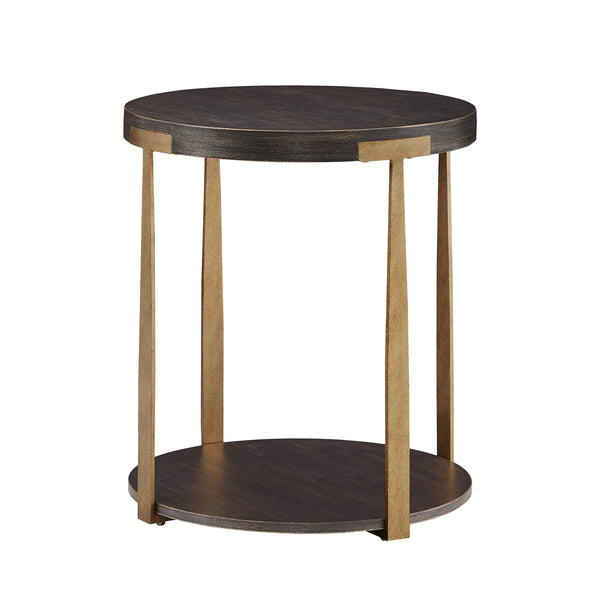 Round Birch Veneer End Table with Iron Legs and Lower Shelf Storage
