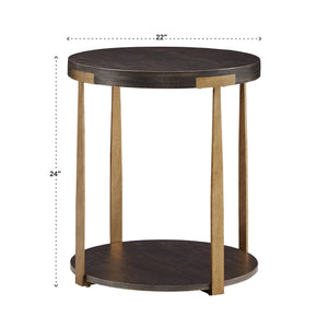 Round Birch Veneer End Table with Iron Legs and Lower Shelf Storage