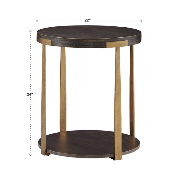 Round Birch Veneer End Table with Iron Legs and Lower Shelf Storage