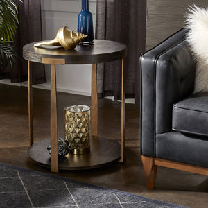 Round Birch Veneer End Table with Iron Legs and Lower Shelf Storage