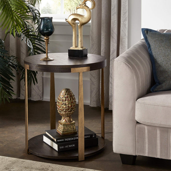Round Birch Veneer End Table with Iron Legs and Lower Shelf Storage