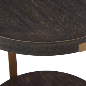 Round Birch Veneer End Table with Iron Legs and Lower Shelf Storage