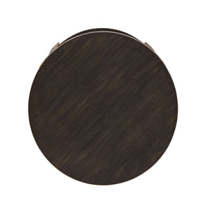 Round Birch Veneer End Table with Iron Legs and Lower Shelf Storage