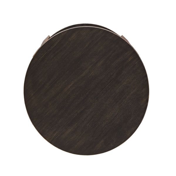 Round Birch Veneer End Table with Iron Legs and Lower Shelf Storage