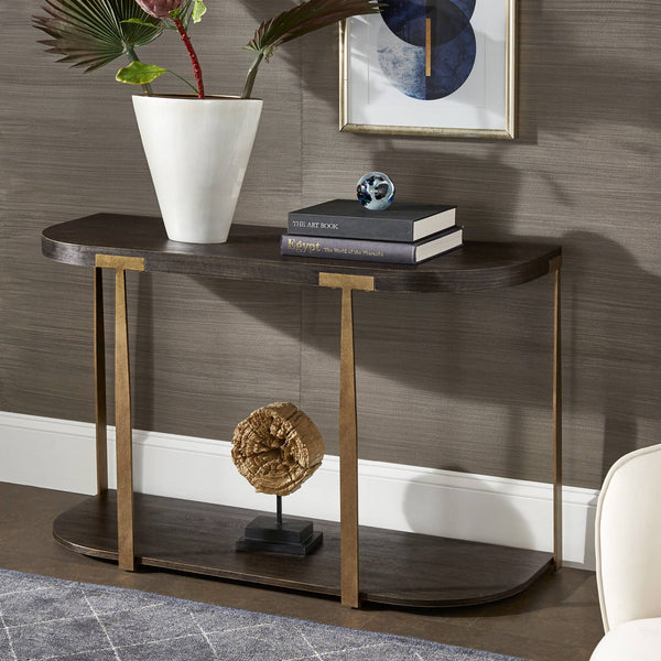 Ario Espresso Iron Frame Console Table with Birch Veneer Shelf for Entryway